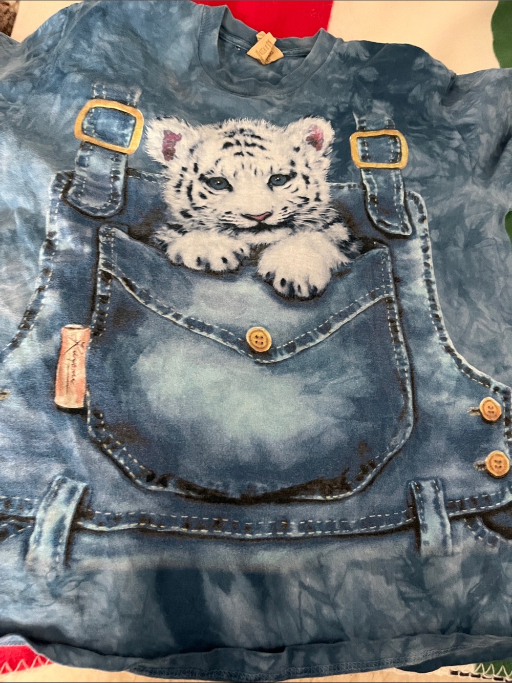 The Mountain Blue Tie-Dye Overalls Tee with White Tiger Cub Graphic